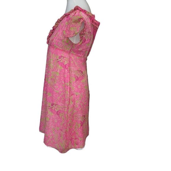 Lilly Pulitzer Silk Pink Green Floral Flutter Sleeve A-Line Dress V-Neck sz 00 - Picture 2 of 9